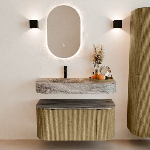 THOR-DLUX 100cm mueble de baño curva izquierda + derecha color Dusk con 1 cajón y 2 puertas. Lavabo suspendido CLOUD Izquierda 1 orificio color Oza.-3