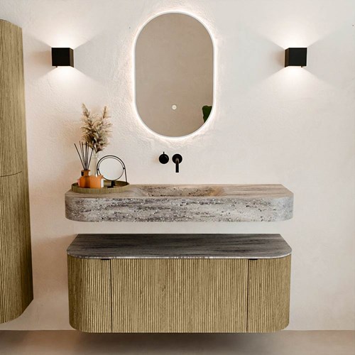 THOR-DLUX 120cm bathroom vanity set curve left + right color Dusk with 1 drawer and 2 doors. Wall mounted sink CLOUD Center without tab hole color Oza.-3