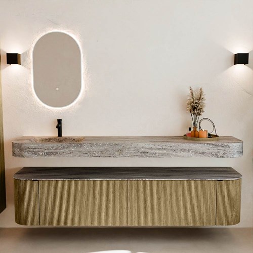 THOR-DLUX 200cm meubles de salle de bains courbe gauche + droite couleur Dusk avec 2 tiroirs et 2 portes. Lavabo suspendu CLOUD Gauche 1 trou pour robinetter couleur Oza.-3