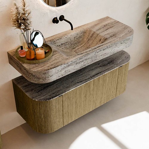 THOR-DLUX 120cm bathroom vanity set curve left + right color Dusk with 1 drawer and 2 doors. Wall mounted sink CLOUD Center without tab hole color Oza.-2