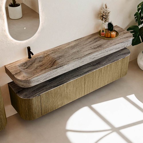 THOR-DLUX 200cm meubles de salle de bains courbe gauche + droite couleur Dusk avec 2 tiroirs et 2 portes. Lavabo suspendu CLOUD Gauche 1 trou pour robinetter couleur Oza.-2