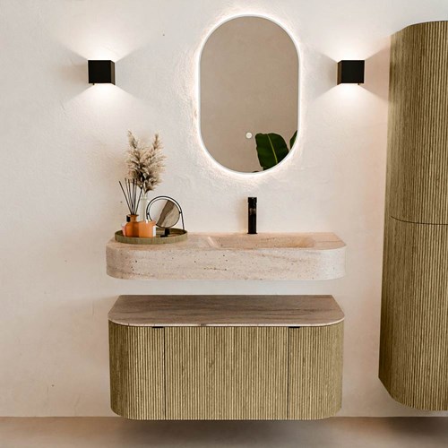 THOR-DLUX 100cm meubles de salle de bains courbe gauche + droite couleur Dusk avec 1 tiroir et 2 portes. Lavabo suspendu CLOUD Droite 1 trou pour robinetter couleur Saba.-3
