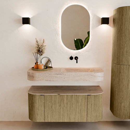 THOR-DLUX 110cm mueble de baño curva izquierda + derecha color Dusk con 1 cajón y 2 puertas. Lavabo suspendido CLOUD Derecho sin orificio color Saba.-3