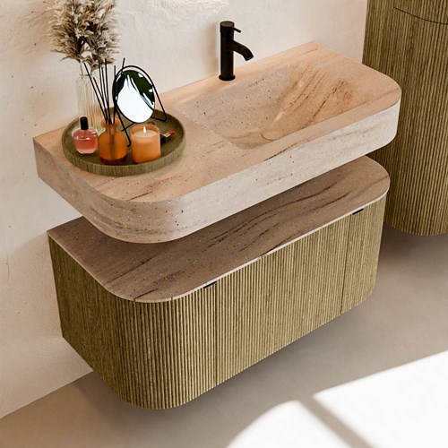 THOR-DLUX 100cm meubles de salle de bains courbe gauche + droite couleur Dusk avec 1 tiroir et 2 portes. Lavabo suspendu CLOUD Droite 1 trou pour robinetter couleur Saba.-2