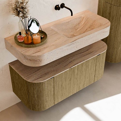 THOR-DLUX 110cm mueble de baño curva izquierda + derecha color Dusk con 1 cajón y 2 puertas. Lavabo suspendido CLOUD Derecho sin orificio color Saba.-2
