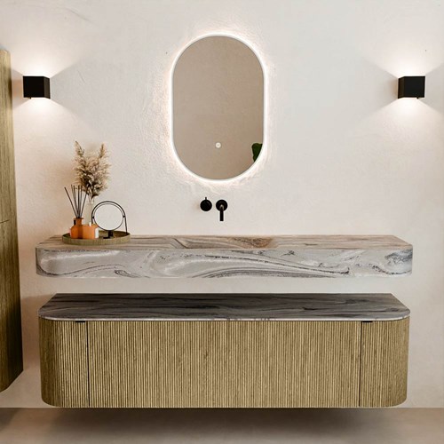 THOR-DLUX 170cm mueble de baño curva izquierda + derecha color Dusk con 1 cajón y 2 puertas. Lavabo suspendido CLOUD Centro sin orificio color Sombra.-3