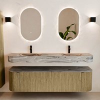 THOR-DLUX 170cm mueble de baño curva izquierda + derecha color Dusk con 1 cajón y 2 puertas. Lavabo suspendido CLOUD Doble 2 orificios color Sombra.-3