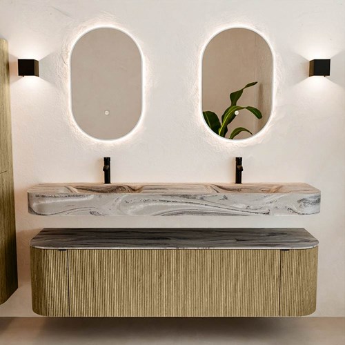 THOR-DLUX 170cm mueble de baño curva izquierda + derecha color Dusk con 1 cajón y 2 puertas. Lavabo suspendido CLOUD Doble 2 orificios color Sombra.-3