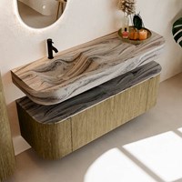 THOR-DLUX 140cm badmeubel ronding links + rechts kleur Dusk met 1 lade en 2 deuren. Vrijhangende wastafel CLOUD Links 1 kraangat kleur Sombra.-2