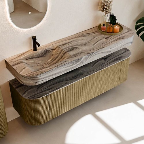 THOR-DLUX 160cm meubles de salle de bains courbe gauche + droite couleur Dusk avec 1 tiroir et 2 portes. Lavabo suspendu CLOUD Gauche 1 trou pour robinetter couleur Sombra.-2