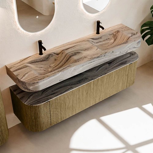THOR-DLUX 170cm mueble de baño curva izquierda + derecha color Dusk con 1 cajón y 2 puertas. Lavabo suspendido CLOUD Doble 2 orificios color Sombra.-2