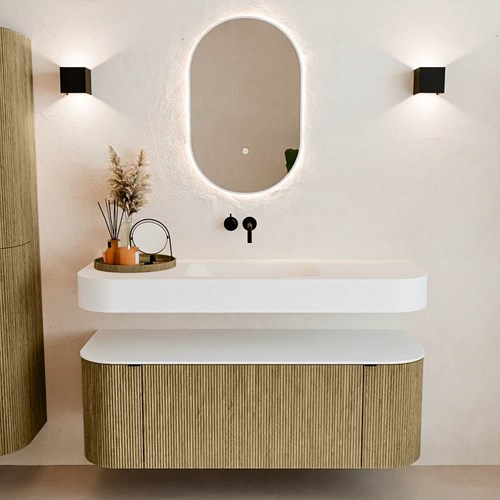 THOR 130cm bathroom vanity set curve left + right color Dusk with 1 drawer and 2 doors. Floating sink CLOUD Center without tab hole color Talc.-3
