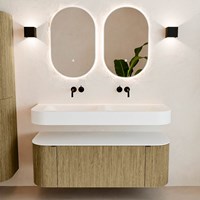 THOR 130cm meubles de salle de bains courbe gauche + droite couleur Dusk avec 1 tiroir et 2 portes. Lavabo suspendu CLOUD Double sans trou pour robinet couleur Talc.-3