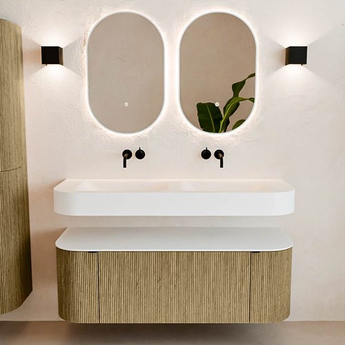 THOR 130cm meubles de salle de bains courbe gauche + droite couleur Dusk avec 1 tiroir et 2 portes. Lavabo suspendu CLOUD Double sans trou pour robinet couleur Talc.-3