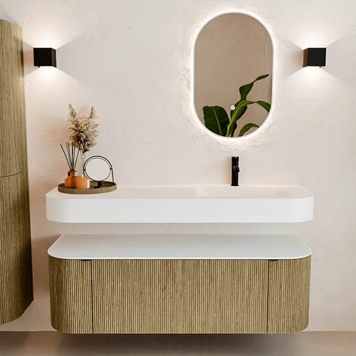 THOR 140cm mueble de baño curva izquierda + derecha color Dusk con 1 cajón y 2 puertas. Lavabo suspendido CLOUD Derecho 1 orificio color Talc.-3