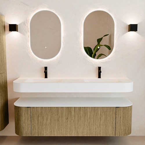 THOR 160cm mueble de baño curva izquierda + derecha color Dusk con 1 cajón y 2 puertas. Lavabo suspendido CLOUD Doble 2 orificios color Talc.-3