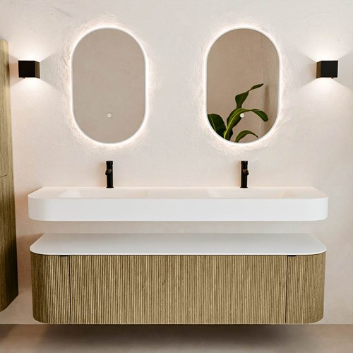 THOR 170cm mueble de baño curva izquierda + derecha color Dusk con 1 cajón y 2 puertas. Lavabo suspendido CLOUD Doble 2 orificios color Talc.-3