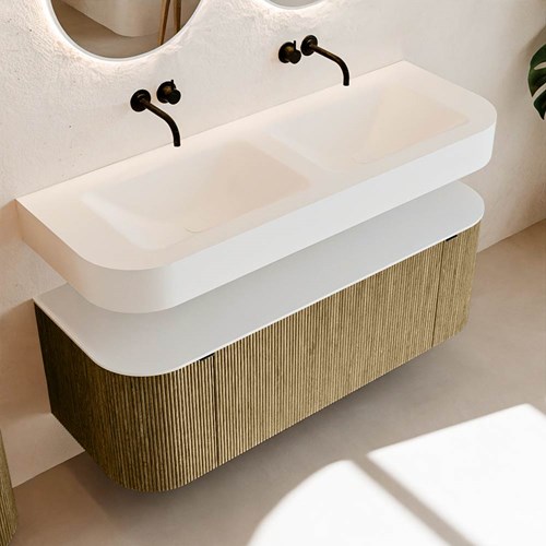 THOR 130cm meubles de salle de bains courbe gauche + droite couleur Dusk avec 1 tiroir et 2 portes. Lavabo suspendu CLOUD Double sans trou pour robinet couleur Talc.-2