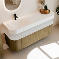 THOR 150cm meubles de salle de bains courbe gauche + droite couleur Dusk avec 1 tiroir et 2 portes. Lavabo suspendu CLOUD Gauche 1 trou pour robinetter couleur Talc.-2