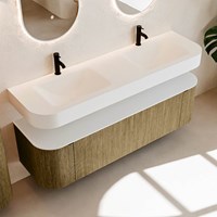 THOR 160cm mueble de baño curva izquierda + derecha color Dusk con 1 cajón y 2 puertas. Lavabo suspendido CLOUD Doble 2 orificios color Talc.-2