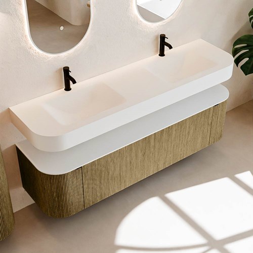 THOR 170cm mueble de baño curva izquierda + derecha color Dusk con 1 cajón y 2 puertas. Lavabo suspendido CLOUD Doble 2 orificios color Talc.-2