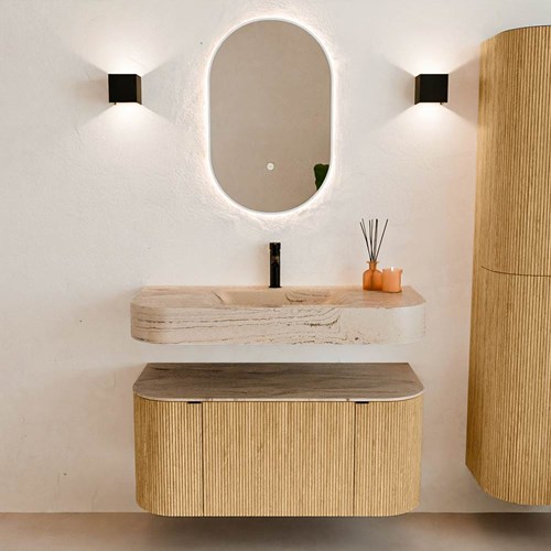 THOR-DLUX 100cm badmeubel ronding links + rechts kleur Oak met 1 lade en 2 deuren. Vrijhangende wastafel CLOUD Midden 1 kraangat kleur Arena.-3