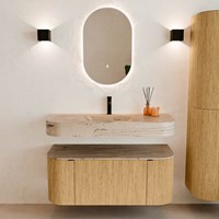 THOR-DLUX 110cm mueble de baño curva izquierda + derecha color Oak con 1 cajón y 2 puertas. Lavabo suspendido CLOUD Centro 1 orificio color Arena.-3