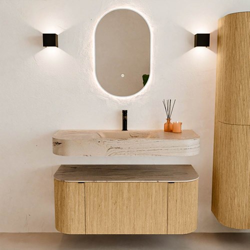 THOR-DLUX 110cm mueble de baño curva izquierda + derecha color Oak con 1 cajón y 2 puertas. Lavabo suspendido CLOUD Centro 1 orificio color Arena.-3