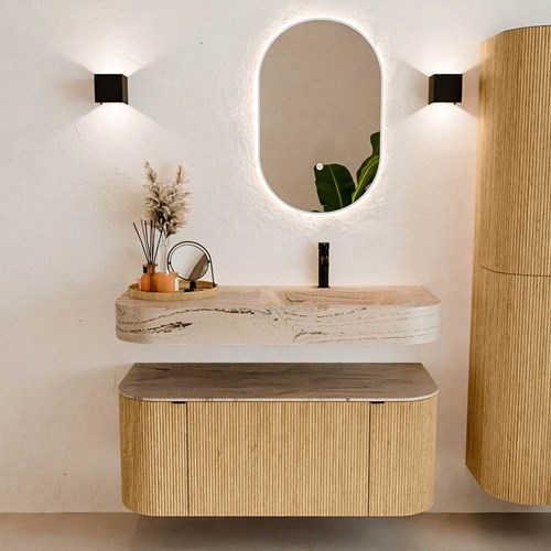 THOR-DLUX 110cm badmöbel kurve links + rechts farbe Oak mit 1 schublade und 2 türen. Frei hängende waschtisch CLOUD Rechts 1 hahnloch farbe Arena.-3