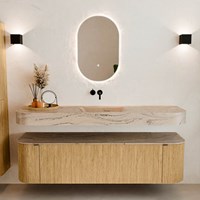 THOR-DLUX 170cm badmeubel ronding links + rechts kleur Oak met 1 lade en 2 deuren. Vrijhangende wastafel CLOUD Midden zonder kraangat kleur Arena.-3