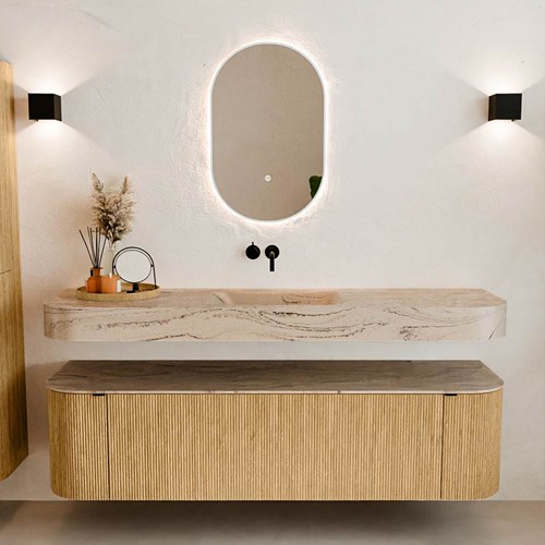THOR-DLUX 170cm badmeubel ronding links + rechts kleur Oak met 1 lade en 2 deuren. Vrijhangende wastafel CLOUD Midden zonder kraangat kleur Arena.-3