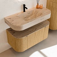 THOR-DLUX 100cm badmeubel ronding links + rechts kleur Oak met 1 lade en 2 deuren. Vrijhangende wastafel CLOUD Midden 1 kraangat kleur Arena.-2