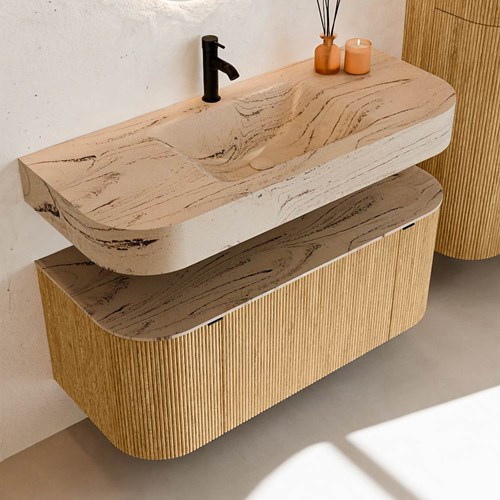 THOR-DLUX 110cm mueble de baño curva izquierda + derecha color Oak con 1 cajón y 2 puertas. Lavabo suspendido CLOUD Centro 1 orificio color Arena.-2