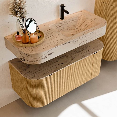 THOR-DLUX 110cm badmöbel kurve links + rechts farbe Oak mit 1 schublade und 2 türen. Frei hängende waschtisch CLOUD Rechts 1 hahnloch farbe Arena.-2