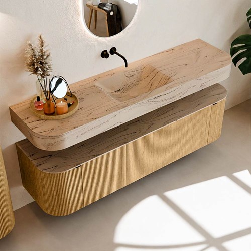 THOR-DLUX 170cm badmeubel ronding links + rechts kleur Oak met 1 lade en 2 deuren. Vrijhangende wastafel CLOUD Midden zonder kraangat kleur Arena.-2