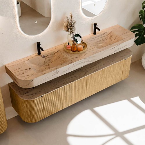 THOR-DLUX 190cm badmöbel kurve links + rechts farbe Oak mit 2 schubladen und 2 türen. Frei hängende waschtisch CLOUD Doppelt 2 hahnlöcher farbe Arena.-2