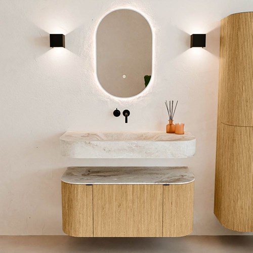 THOR-DLUX 100cm badmöbel kurve links + rechts farbe Oak mit 1 schublade und 2 türen. Frei hängende waschtisch CLOUD Mittig kein hahnloch farbe Frappe.-3