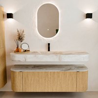 THOR-DLUX 150cm meubles de salle de bains courbe gauche + droite couleur Oak avec 1 tiroir et 2 portes. Lavabo suspendu CLOUD Centrée 1 trou pour robinetter couleur Frappe.-3