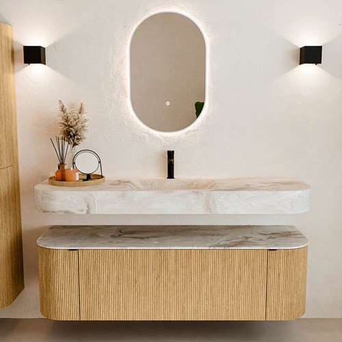 THOR-DLUX 150cm meubles de salle de bains courbe gauche + droite couleur Oak avec 1 tiroir et 2 portes. Lavabo suspendu CLOUD Centrée 1 trou pour robinetter couleur Frappe.-3