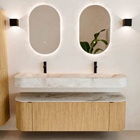 THOR-DLUX 150cm meubles de salle de bains courbe gauche + droite couleur Oak avec 1 tiroir et 2 portes. Lavabo suspendu CLOUD Double 2 trous robinetterie couleur Frappe.-3