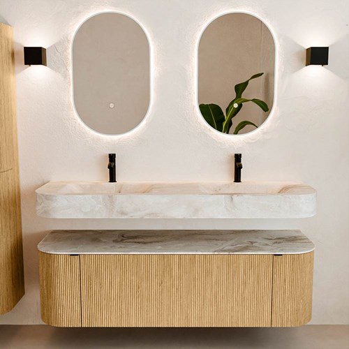 THOR-DLUX 150cm meubles de salle de bains courbe gauche + droite couleur Oak avec 1 tiroir et 2 portes. Lavabo suspendu CLOUD Double 2 trous robinetterie couleur Frappe.-3