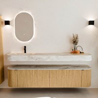 THOR-DLUX 190cm bathroom vanity set curve left + right color Oak with 2 drawers and 2 doors. Floating sink CLOUD Left 1 tab hole color Frappe.-3
