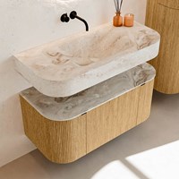 THOR-DLUX 100cm badmöbel kurve links + rechts farbe Oak mit 1 schublade und 2 türen. Frei hängende waschtisch CLOUD Mittig kein hahnloch farbe Frappe.-2