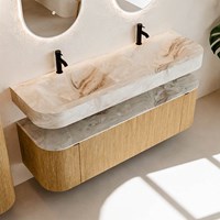 THOR-DLUX 150cm meubles de salle de bains courbe gauche + droite couleur Oak avec 1 tiroir et 2 portes. Lavabo suspendu CLOUD Double 2 trous robinetterie couleur Frappe.-2