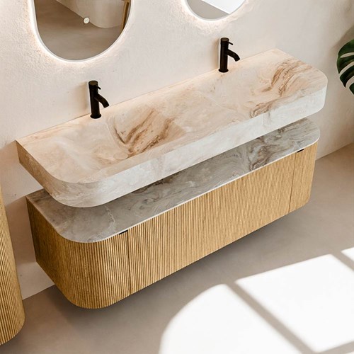 THOR-DLUX 150cm meubles de salle de bains courbe gauche + droite couleur Oak avec 1 tiroir et 2 portes. Lavabo suspendu CLOUD Double 2 trous robinetterie couleur Frappe.-2