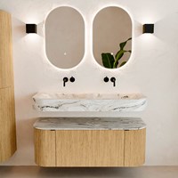 THOR-DLUX 120cm meubles de salle de bains courbe gauche + droite couleur Oak avec 1 tiroir et 2 portes. Lavabo suspendu CLOUD Double sans trou pour robinet couleur Glace.-3