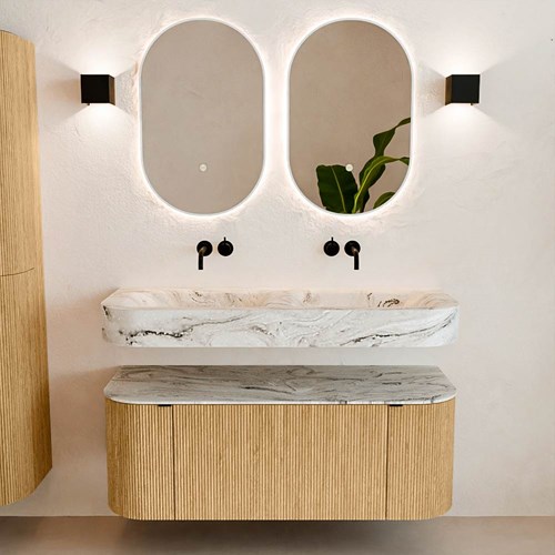 THOR-DLUX 120cm meubles de salle de bains courbe gauche + droite couleur Oak avec 1 tiroir et 2 portes. Lavabo suspendu CLOUD Double sans trou pour robinet couleur Glace.-3