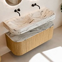 THOR-DLUX 120cm meubles de salle de bains courbe gauche + droite couleur Oak avec 1 tiroir et 2 portes. Lavabo suspendu CLOUD Double sans trou pour robinet couleur Glace.-2