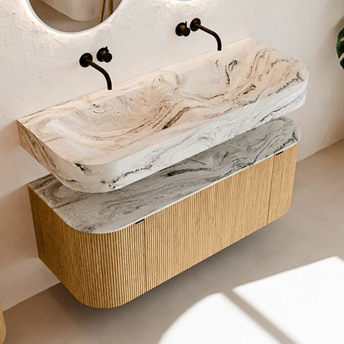THOR-DLUX 120cm meubles de salle de bains courbe gauche + droite couleur Oak avec 1 tiroir et 2 portes. Lavabo suspendu CLOUD Double sans trou pour robinet couleur Glace.-2