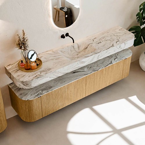 THOR-DLUX 200cm badmöbel kurve links + rechts farbe Oak mit 2 schubladen und 2 türen. Frei hängende waschtisch CLOUD Mittig kein hahnloch farbe Glace.-2